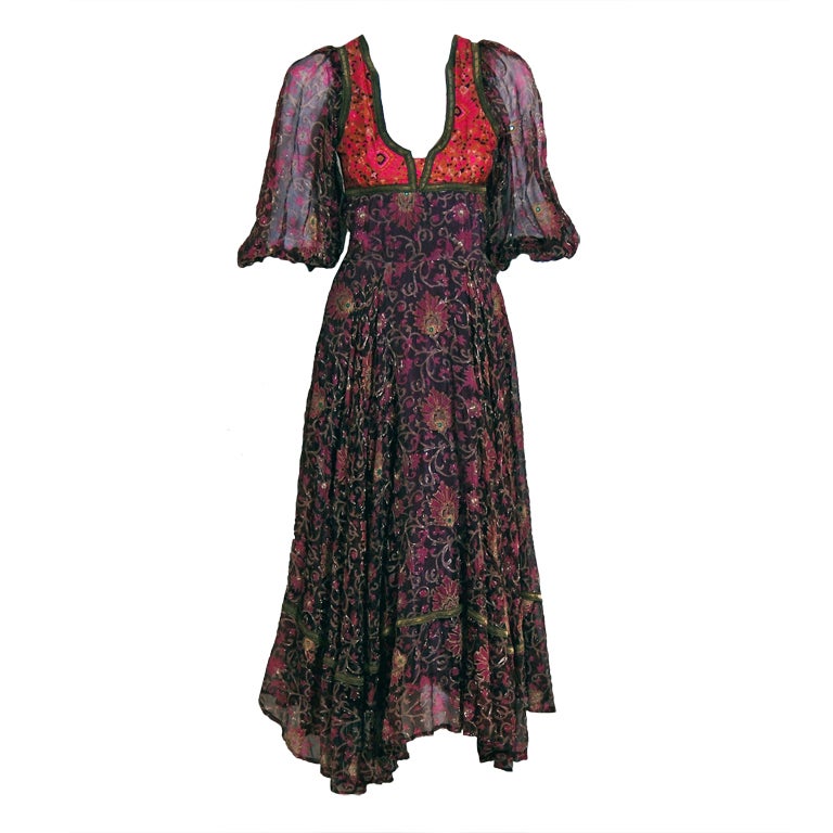 1970's Thea Porter Metallic Threaded Floral Print-Silk Dress at 1stDibs