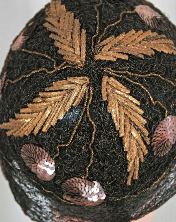 1920's Metallic Cherries Novelty Sequin Embroidery Gold-Lame Cloche Hat 1