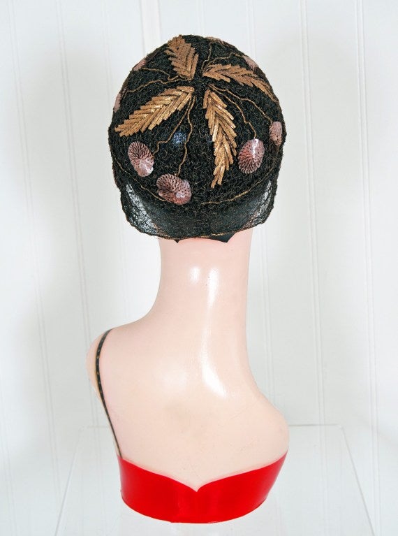 1920's Metallic Cherries Novelty Sequin Embroidery Gold-Lame Cloche Hat 3