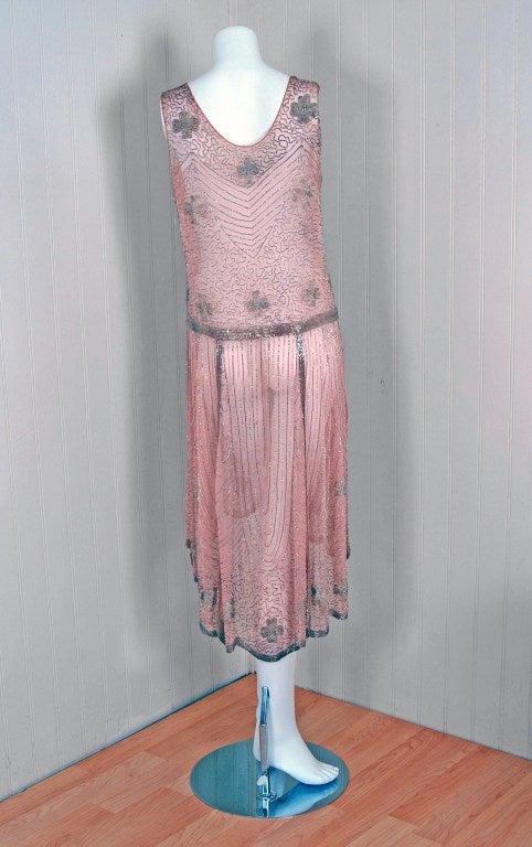 1920's French Champange-Pink Beaded Silk-Chiffon Flapper Dress 1