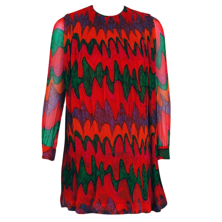 1968 Pierre Cardin Colorful Psychedelic Pleated Silk-Chiffon Mod Mini Dress