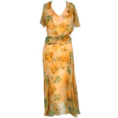 Antique 1930's Watercolor Yellow-Roses Floral Bias-Cut Tea Gown & Bolero