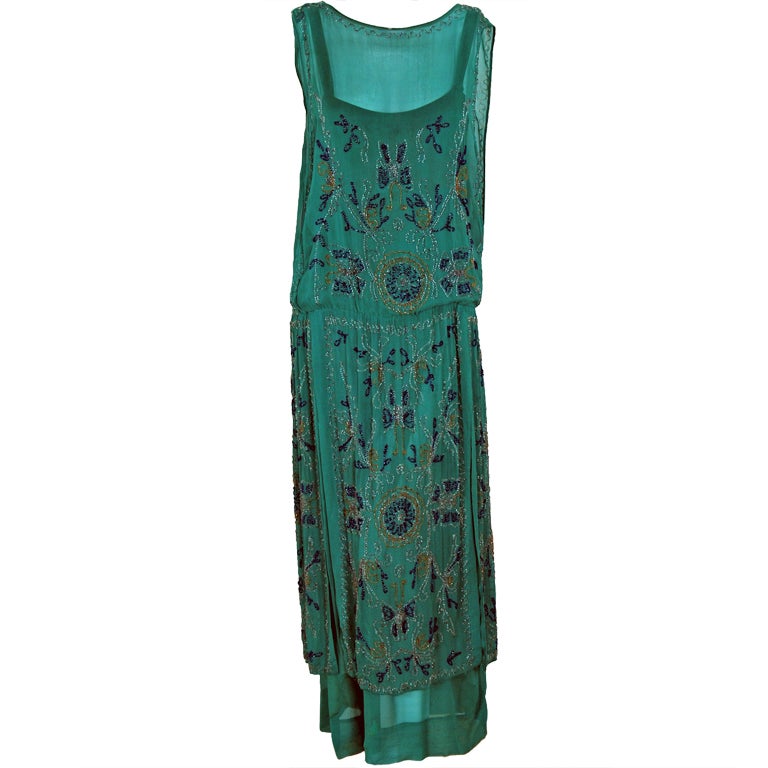 1920's Teal Blue-Green Art-Deco Beaded Chiffon Flapper Dress