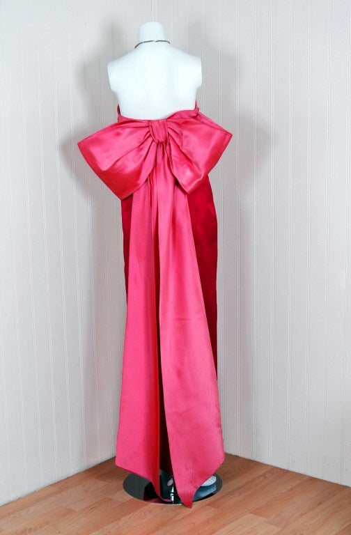 1950's Samuel Winston Magenta Satin Strapless Bow-Train Gown 1