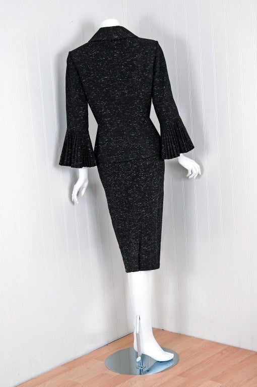 Women's 1940's Lilli Ann Flecked Black Wool Pleated-Sleeves Wiggle Suit