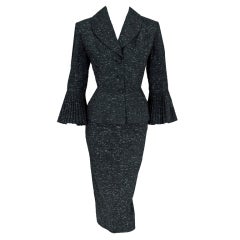 1940's Lilli Ann Flecked Black Wool Pleated-Sleeves Wiggle Suit
