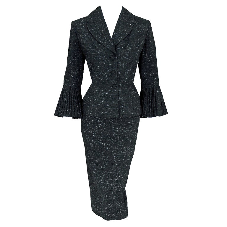 1940's Lilli Ann Flecked Black Wool Pleated-Sleeves Wiggle Suit at 1stdibs