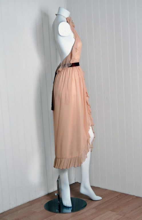 1970's Bill Blass Nude Silk-Chiffon Ruffle Halter Backless Dress 1