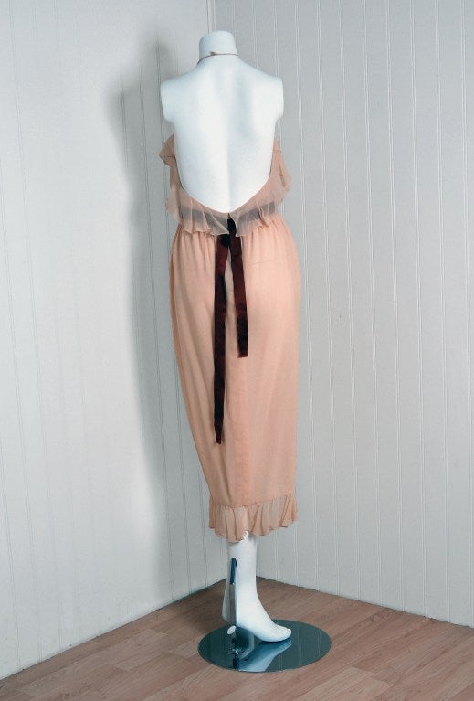1970's Bill Blass Nude Silk-Chiffon Ruffle Halter Backless Dress 2