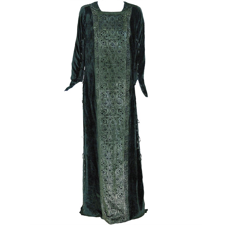 1925 Mariano Fortuny Couture Gold Metallic Stenciled Silk-Velvet Tabard Gown