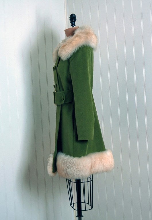 1960's Stunning Sheepskin-Fur and Olive Green Velvet Belted Mod ...