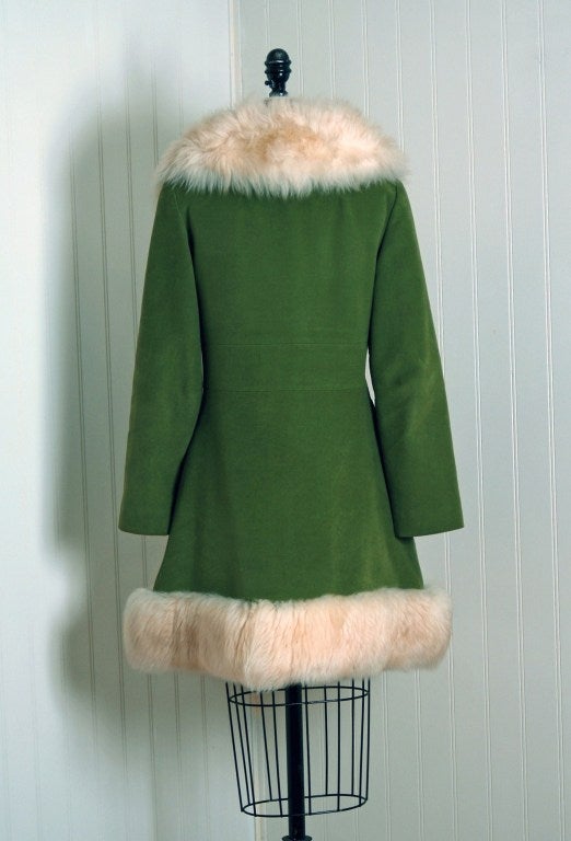 1960's Stunning Sheepskin-Fur & Olive Green Velvet Belted Mod Princess Coat 1