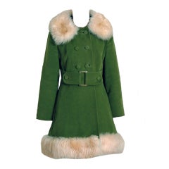 1960's Stunning Sheepskin-Fur & Olive Green Velvet Belted Mod Princess Coat
