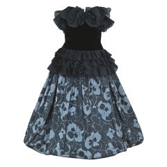 1980's Gucci Couture Black Velvet & Floral Print Silk Strapless Party Dress 3