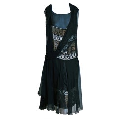 Vintage 1920's Cecile et Lafontan Couture Asymmetric Grecian Silk-Chiffon Flapper Dress