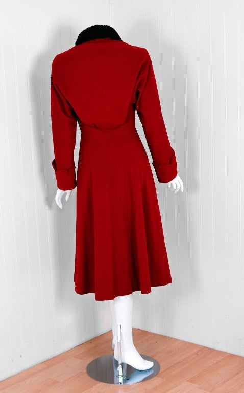 Women's 1940's Ruby-Red Wool & Persian Lamb Princess Coat with Muff