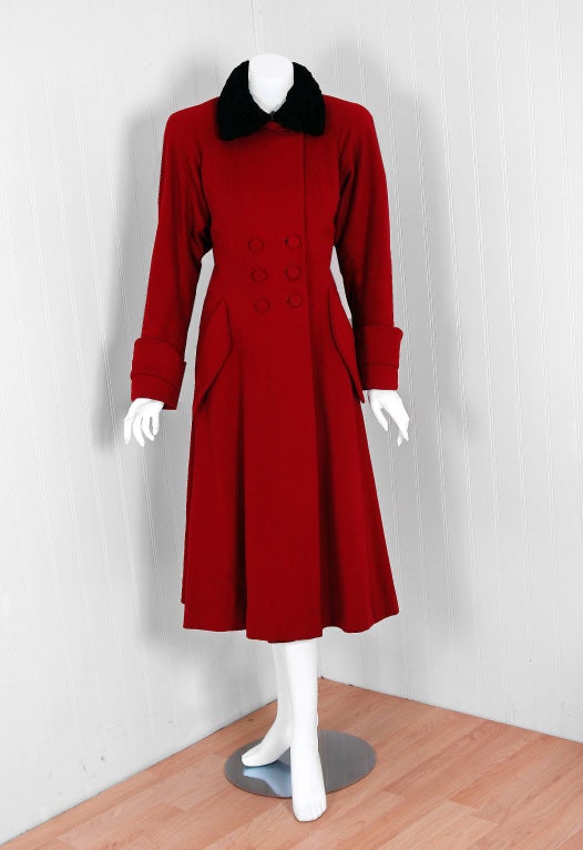 1940's Ruby-Red Wool and Persian Lamb Princess Coat with Muff at ...