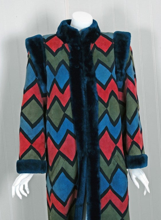 Women's 1970's Christian Dior Colorful Suede & Shearling Patchwork Coat