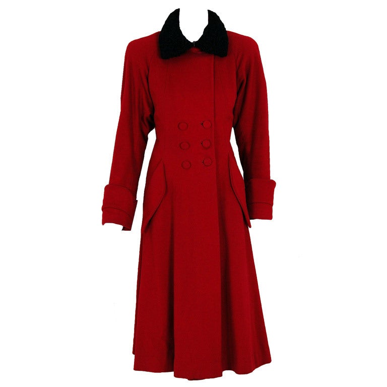1940's Ruby-Red Wool & Persian Lamb Princess Coat with Muff