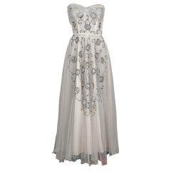 1940's Bergdorf Goodman Ivory-White Sequin Metallic Embroidery Strapless Gown 6