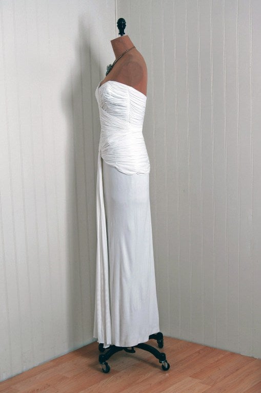 Women's 1970's Vicky Tiel Heavily-Ruched White Strapless Goddess Gown