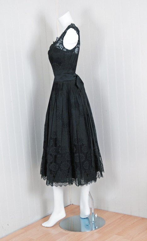 1950's Harvey Berin Black Chantilly-Lace & Pintuck Silk Illusion Party Dress In Excellent Condition In Beverly Hills, CA