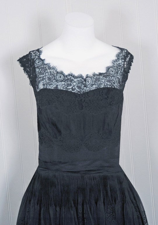 Women's 1950's Harvey Berin Black Chantilly-Lace & Pintuck Silk Illusion Party Dress