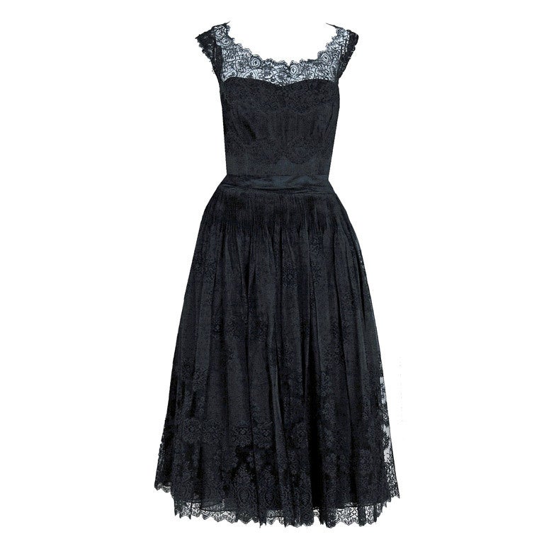 1950's Harvey Berin Black Chantilly-Lace & Pintuck Silk Illusion Party Dress