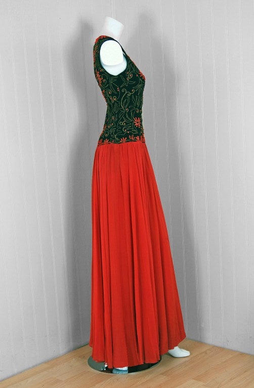 1940's Ceil Chapman Embroidered Beaded Deco Silk-Chiffon Gown 2