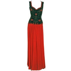Vintage 1940's Ceil Chapman Embroidered Beaded Deco Silk-Chiffon Gown