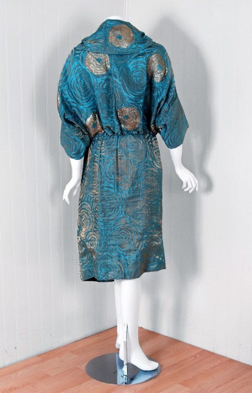 Women's 1920's Turquoise-Blue & Metallic Gold-Lame Deco Evening Coat
