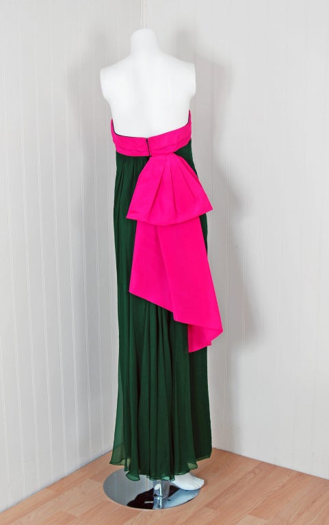 1960's Helena Barbieri Strapless Magenta & Forest-Green Gown 1