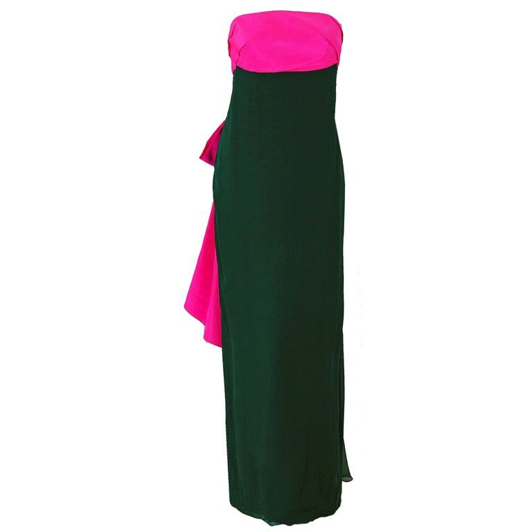 1960's Helena Barbieri Strapless Magenta & Forest-Green Gown