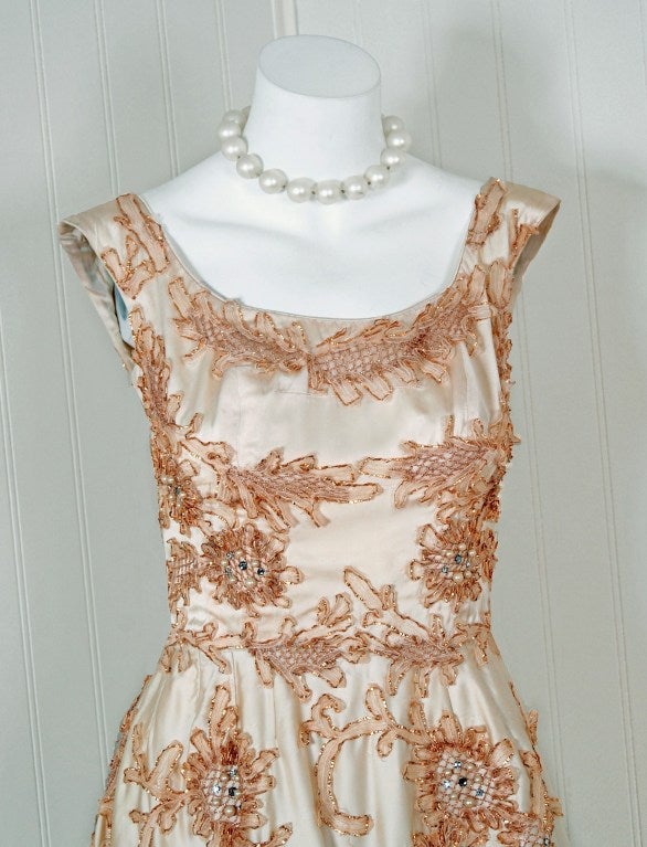 1950's Ceil Chapman Rhinestone Metallic Floral Applique Ivory Satin Party Dress In Good Condition In Beverly Hills, CA