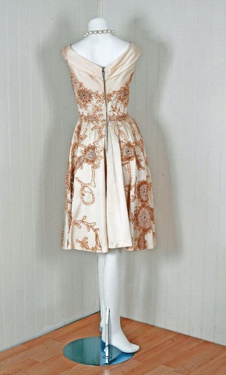 1950's Ceil Chapman Rhinestone Metallic Floral Applique Ivory Satin Party Dress 1