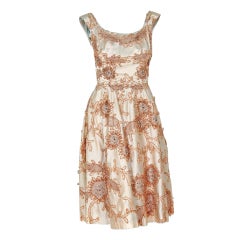 1950's Ceil Chapman Rhinestone Metallic Floral Applique Ivory-Satin Party Dress 2