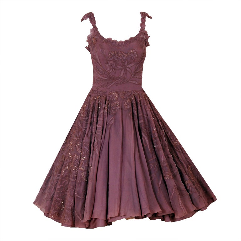 1950's Don Loper Metallic Mocha Chiffon and ChantillyLace Dress at 1stdibs