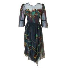1970's Zandra Rhodes Beaded Hand-Painted Illusion Silk Chiffon Dress 9