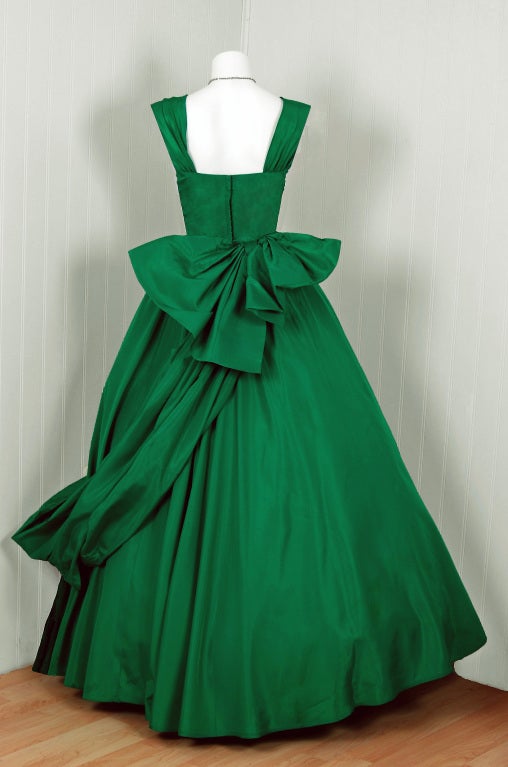 1950's Elegant Emerald-Green Taffeta Draped-Side Full Gown at 1stDibs ...