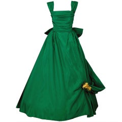 Retro 1950's Elegant Emerald-Green Taffeta Draped-Side Full Gown
