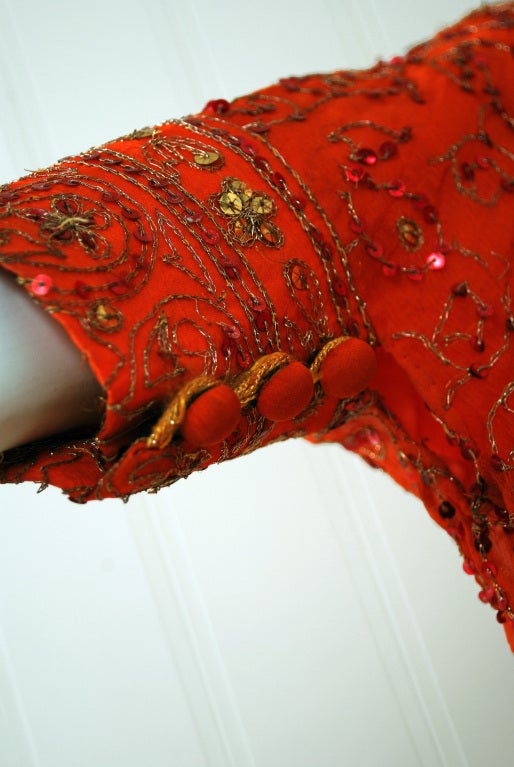 Red 1970's Beverly Hills Metallic Embroidered Sequin Silk Caftan