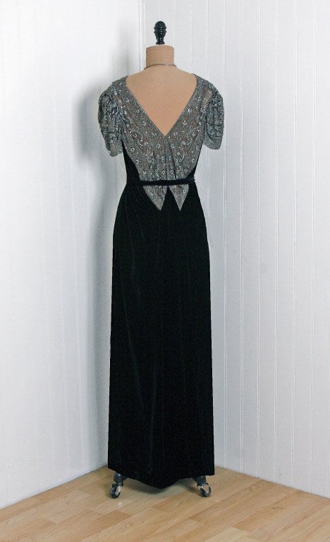 1930's Beaded Rhinestone Black Silk-Velvet Deco Bias-Cut Gown 1