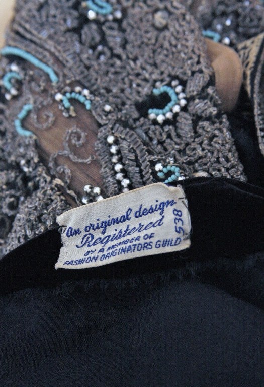 1930's Beaded Rhinestone Black Silk-Velvet Deco Bias-Cut Gown 2