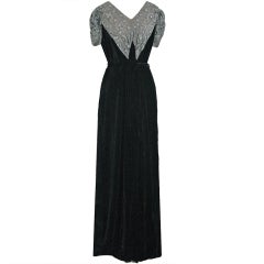 Antique 1930's Beaded Rhinestone Black Silk-Velvet Deco Bias-Cut Gown