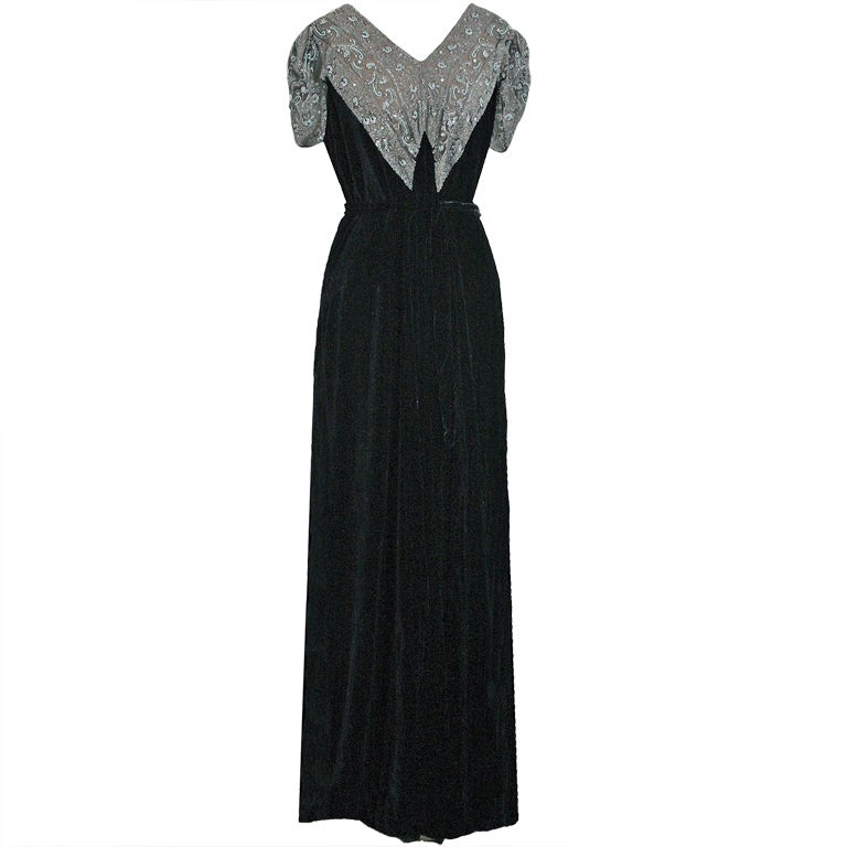 1930's Beaded Rhinestone Black Silk-Velvet Deco Bias-Cut Gown