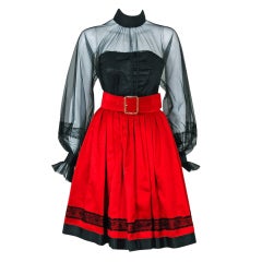 1990's Chanel Black & Red Satin Strapless Party Dress Ensemble