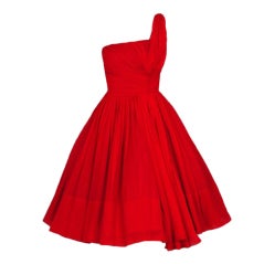 Vintage 1950's Ruby-Red Silk Chiffon Ruched Asymmetric Party Dress