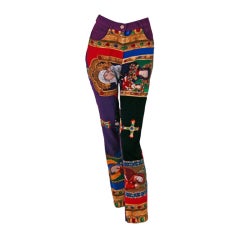 Vintage 1990's Gianni Versace Couture Colorful Holy Mary Skinny Jeans