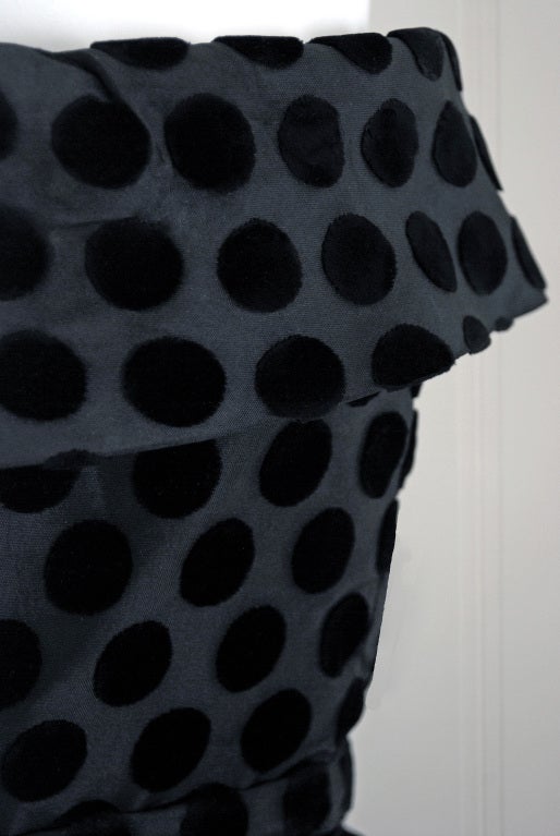 Women's 1950's Balenciaga Black Flocked Polka-Dot Silk Strapless Dress