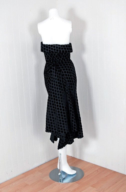 1950's Balenciaga Black Flocked Polka-Dot Silk Strapless Dress 1